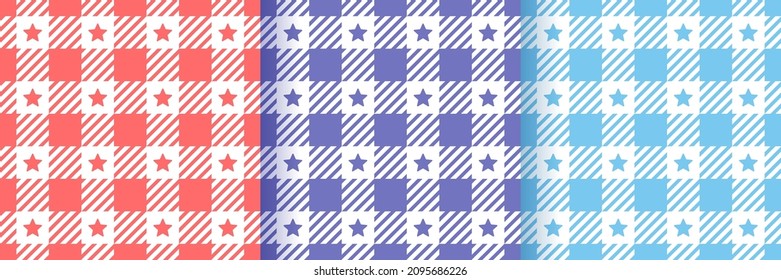 Gingham seamless patterns. Check vichy prints with stars. Set of tablecloth backgrounds. Retro wallpapers. Tartan textile grid. Plaid textures. Flannel lumberjack backdrops. Vector illustration