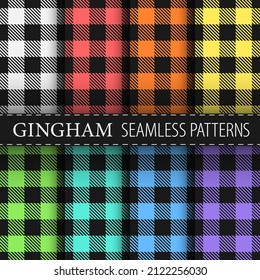 Gingham nahtlose Muster. Lumberjack plaid Vektorgrafik-Kollektion in weichen Pastellfarben auf schwarzem Hintergrund. Bestens für Textilien, Umhüllungspapier, Paket- und Hausdekoration.