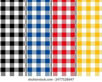 Gingham seamless repeat vector patterns with black, blue, red and yellow colors for textile, fabrics print, wallpaper, wrapping paper, clothing, garments, and background. Lumberjack Scottish cage.