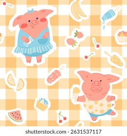 Motif d'Image vectorielle harmonieux de Gingham avec des bébés porcs et des fruits. Impression pour l'emballage papier, tissu et textile design. Adorable illustration d'été lumineux 