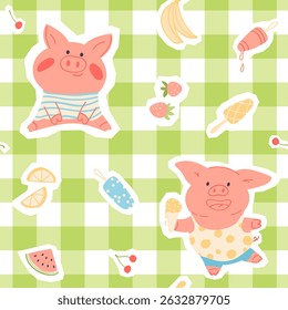 Gingham seamless vector pattern with baby pigs and fruits. Print for wrapping paper, fabric and textile design. Adorable bright summer illustration 