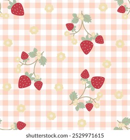 Gingham seamless vector pattern with cartoon strawberries and flowers. Tartan checks for tablecloths, napkins, clothes, packaging, card, paper gift, phone case, scarf, stationery.