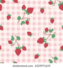 Patrón de Vector sin costuras de guinga con fresas y flores de dibujos animados. Tartan comprueba manteles, servilletas, ropa, embalaje, tarjeta, regalo de papel, caja del teléfono, bufanda, papelería.