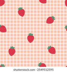 Gingham seamless vector pattern with cartoon strawberries. Tartan checks for tablecloths, napkins, clothes, packaging, card, paper gift, phone case, scarf, stationery.