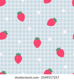 Gingham nahtlose Vektormuster mit Cartoon Erdbeeren und Blumen. Tartan Schecks für Tischdecken, Servietten, Kleidung, Verpackung, Karte, Papiergeschenk, Telefonkoffer, Schal, Schreibwaren.