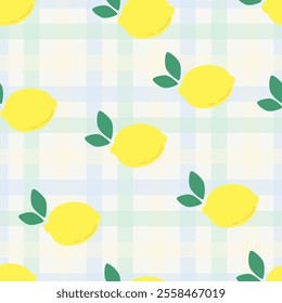 Gingham seamless vector pattern with cartoon lemons. Tartan checks for tablecloths, napkins, clothes, packaging, card, paper gift, phone case, scarf, stationery.