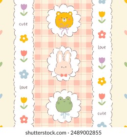 Patrón de Vector sin costuras de Gingham con animales lindos y flores de manzanilla pradera. Tartán comprobar para manteles, ropa, embalaje, para las vacaciones de Semana Santa. Fondo infantil en una paleta pastel