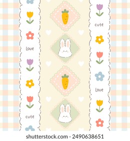 Gingham seamless vector pattern with cute rabbit, carrot and meadow chamomile flowers. Tartan check for tablecloths, clothes, packaging, for the Easter holiday. Childish background in a pastel palette