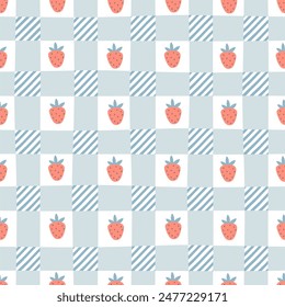 Gingham seamless vector pattern with kawaii strawberries. Tartan check for tablecloths, napkins, clothes, packaging, for the Easter holiday. Cozy cute childish background in a pastel palette