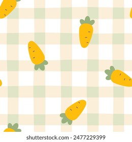 Gingham seamless vector pattern with kawaii carrots. Tartan check for tablecloths, napkins, clothes, packaging, for the Easter holiday. Cozy cute childish background in a pastel palette