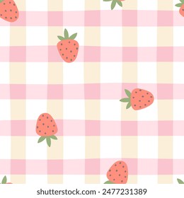 Gingham seamless vector pattern with kawaii strawberries. Tartan check for tablecloths, napkins, clothes, packaging, for the Easter holiday. Cozy cute childish background in a pastel palette