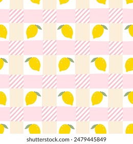 Gingham seamless vector pattern with kawaii lemon. Tartan check for tablecloths, napkins, clothes, packaging, for the Easter holiday. Cozy cute childish background in a pastel palette