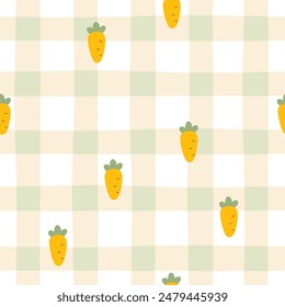 Gingham seamless vector pattern with kawaii carrots. Tartan check for tablecloths, napkins, clothes, packaging, for the Easter holiday. Cozy cute childish background in a pastel palette