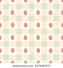 Gingham seamless vector pattern with kawaii strawberries. Tartan check for tablecloths, napkins, clothes, packaging, for the Easter holiday. Cozy cute childish background in a pastel palette