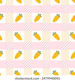 Gingham seamless vector pattern with kawaii carrots. Tartan check for tablecloths, napkins, clothes, packaging, for the Easter holiday. Cozy cute childish background in a pastel palette