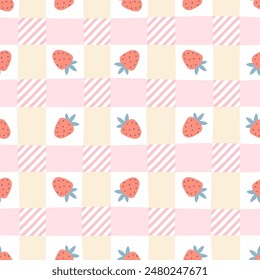 Gingham seamless vector pattern with kawaii strawberries. Tartan check for tablecloths, napkins, clothes, packaging, for the Easter holiday. Cozy cute childish background in a pastel palette