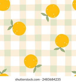 Gingham seamless vector pattern with kawaii citrus orange. Tartan check for tablecloths, napkins, clothes, packaging. Cozy cute childish background in a pastel palette