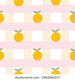 Gingham seamless vector pattern with kawaii citrus orange. Tartan check for tablecloths, napkins, clothes, packaging, for the Easter holiday. Cozy cute childish background in a pastel palette