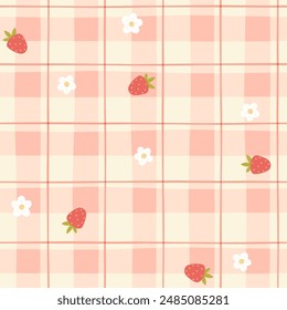 Gingham seamless vector pattern with kawaii strawberries. Tartan check for tablecloths, napkins, clothes, packaging, for the Easter holiday. Cozy cute childish background in a pastel palette