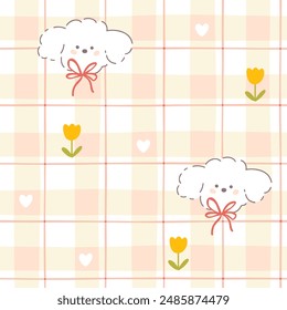 Gingham nahtlose Vektorgrafik Muster mit Kawaii Hund Welpen Pudel und Tulpenblumen. Schottenprüfung für Tischdecken, Servietten, Kleidung, Verpackung. Netter kindischer Hintergrund, Pastellrosa Palette