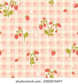 Gingham seamless vector pattern with kawaii strawberries. Tartan check for tablecloths, napkins, clothes, packaging, for the Easter holiday. Cozy cute childish background in a pastel palette