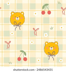 Gingham seamless vector pattern kawaii bear with cherry berry and bows and flowers. Tartan check for tablecloths, napkins, clothes, packaging. Cute childish vichy background, pastel palette