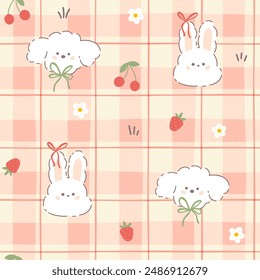 Gingham seamless vector pattern with kawaii bunny rabbit and dog puppy poodle with summer berries. Tartan check for tablecloths, napkins, clothes, packaging. Cute childish background, pastel palette