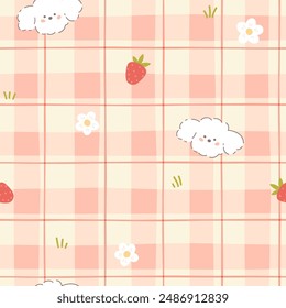 Gingham nahtlose Vektorgrafik Muster mit Kawaii Hund Welpen Pudel und Erdbeeren. Schottenprüfung für Tischdecken, Servietten, Kleidung, Verpackung. Netter kindischer Hintergrund, Pastellrosa Palette