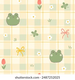 Gingham seamless vector pattern with kawaii frog and tulip flowers and clover for good luck. Tartan check for tablecloths, napkins, clothes, packaging. Cute childish vichy background, pastel palette