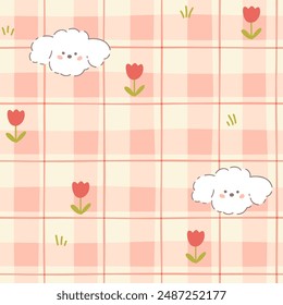 Gingham seamless vector pattern with kawaii dog puppy poodle and tulip flowers. Tartan check for tablecloths, napkins, clothes, packaging. Cute childish background, pastel pink palette