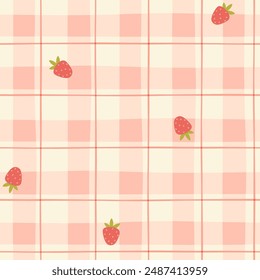 Gingham seamless vector pattern with kawaii strawberries. Tartan check for tablecloths, napkins, clothes, packaging, for the Easter holiday. Cozy cute childish background in a pastel palette