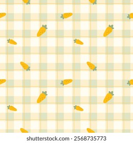 Gingham seamless vector pattern with kawaii carrots. Tartan check for tablecloths, napkins, clothes, packaging, for the Easter holiday. Cozy cute childish. easter color.