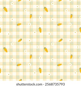 Gingham seamless vector pattern with kawaii carrots. Tartan check for tablecloths, napkins, clothes, packaging, for the Easter holiday. Cozy cute childish. easter color.