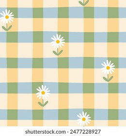 Gingham seamless vector pattern with meadow chamomile flowers. Tartan check for tablecloths, napkins, clothes, packaging, for the Easter holiday. Cozy cute childish background in a pastel palette