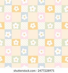 Gingham seamless vector pattern with meadow chamomile flowers. Tartan check for tablecloths, napkins, clothes, packaging, for the Easter holiday. Cozy cute childish background in a pastel palette