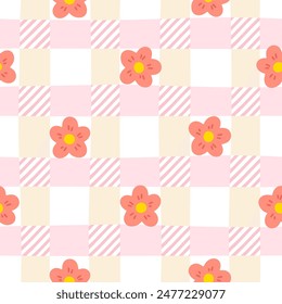 Gingham seamless vector pattern with meadow flowers. Tartan check for tablecloths, napkins, clothes, packaging, for the Easter holiday. Cozy cute childish background in a pastel palette