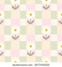 Gingham seamless vector pattern with meadow chamomile flowers. Tartan check for tablecloths, napkins, clothes, packaging, for the Easter holiday. Cozy cute childish background in a pastel palette