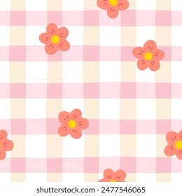 Gingham nahtlose Vektorgrafik Muster mit Wiesenblumen. Tartan Check für Tischdecken, Servietten, Kleidung, Verpackung, für den Osterurlaub. Gemütlicher niedlicher kindischer Hintergrund in einer Pastellpalette