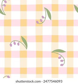 Gingham seamless vector pattern with meadow flowers. Tartan check for tablecloths, napkins, clothes, packaging, for the Easter holiday. Cozy cute childish background in a pastel palette