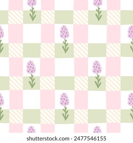 Gingham seamless vector pattern with meadow lavender flowers. Tartan check for tablecloths, napkins, clothes, packaging, for the Easter holiday. Cozy cute childish background in a pastel palette