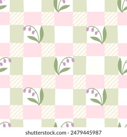 Gingham seamless vector pattern with meadow flowers. Tartan check for tablecloths, napkins, clothes, packaging, for the Easter holiday. Cozy cute childish background in a pastel palette