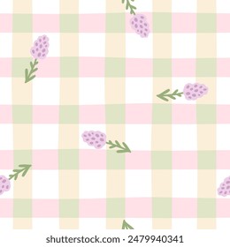 Gingham seamless vector pattern with meadow lavender flowers. Tartan check for tablecloths, napkins, clothes, packaging, for the Easter holiday. Cozy cute childish background in a pastel palette