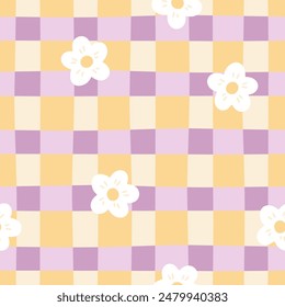 Gingham seamless vector pattern with meadow chamomile flowers. Tartan check for tablecloths, napkins, clothes, packaging, for the Easter holiday. Cozy cute childish background in a pastel palette