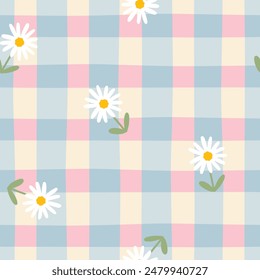 Gingham seamless vector pattern with meadow chamomile flowers. Tartan check for tablecloths, napkins, clothes, packaging, for the Easter holiday. Cozy cute childish background in a pastel palette