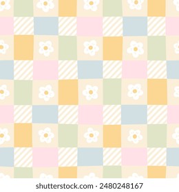 Gingham seamless vector pattern with meadow chamomile flowers. Tartan check for tablecloths, napkins, clothes, packaging, for the Easter holiday. Cozy cute childish background in a pastel palette