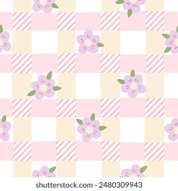 Patrón de Vector sin costuras de Gingham con flores de prado. Tartán comprobar para manteles, servilletas, ropa, embalaje, para las vacaciones de Semana Santa. Acogedor lindo fondo infantil en una paleta pastel