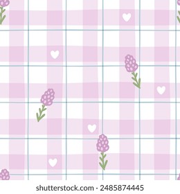 Gingham seamless vector pattern with meadow lavender flowers. Tartan check for tablecloths, napkins, clothes, packaging, for the Easter holiday. Cozy cute childish background in a pastel palette