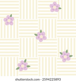 Gingham seamless vector pattern with meadow chamomile flowers. Tartan check for tablecloths, napkins, clothes, packaging, for the Easter holiday. Cozy cute childish background in a pastel palette