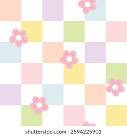 Gingham seamless vector pattern with meadow chamomile flowers. Tartan check for tablecloths, napkins, clothes, packaging, for the Easter holiday. Cozy cute childish background in a pastel palette