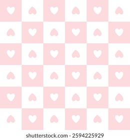 Gingham seamless vector pattern with meadow chamomile flowers and hearts. Tartan check for tablecloths, napkins, clothes, packaging. Cozy cute childish background in a pastel palette